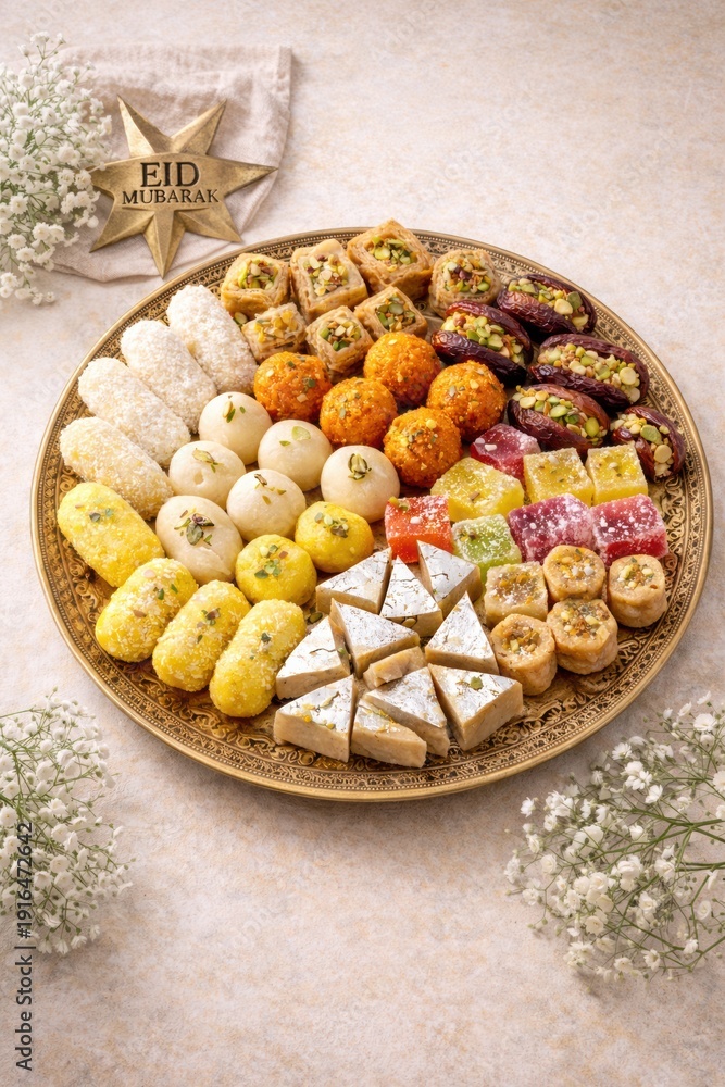 Fototapeta premium Large golden platter filled with assorted Indian sweets and dates decorated with Eid Mubarak , Eid Concept