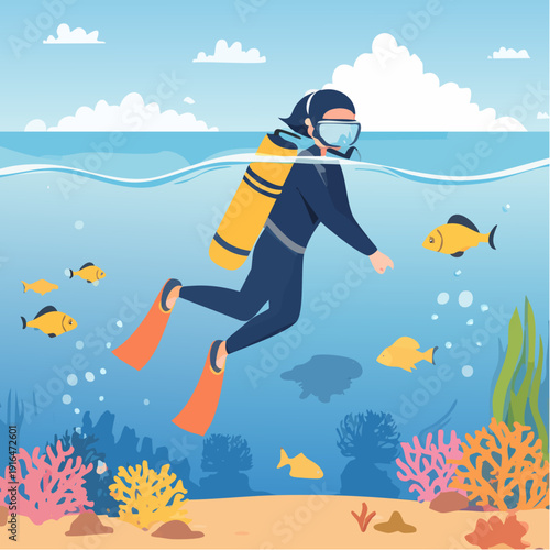 Scuba Diver Exploring Coral Reef Underwater with Tropical Island and Sailboat – Split View Ocean Illustration