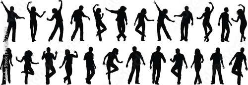 Group of dancing people silhouettes, energetic men and women party poses isolated on white background vector illustration set