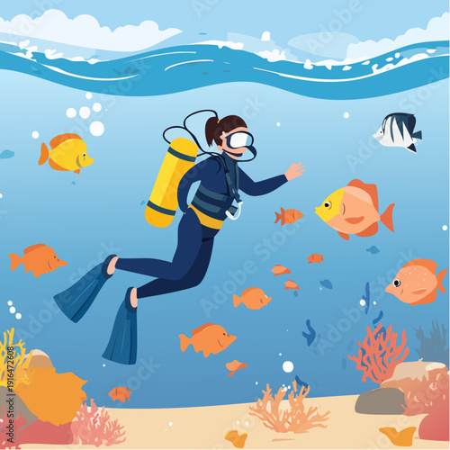 Scuba Diver Exploring Coral Reef Underwater with Tropical Island and Sailboat – Split View Ocean Illustration