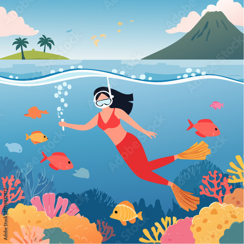 Scuba Diver Exploring Coral Reef Underwater with Tropical Island and Sailboat – Split View Ocean Illustration