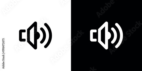 Black and white speaker with sound waves on split background