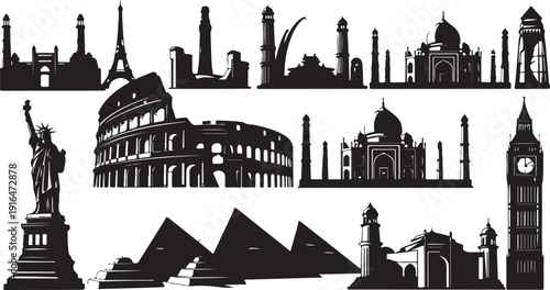Famous landmarks and monuments from around the world in silhouette