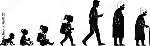 Human life stages progression, baby child student adult elderly aging concept silhouette isolated on white background illustration