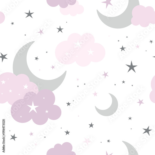 White seamless pattern with crescent moon, clouds and stars