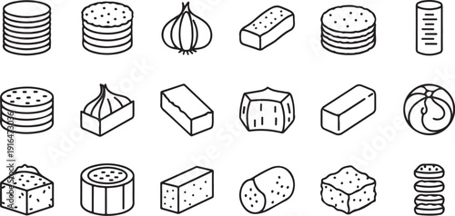 Food Ingredients Icons: Sausage Cheese Garlic Bread Slices Isolated on white background