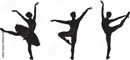 Ballet Dancers Performing Graceful Poses in Silhouette Isolated on white background