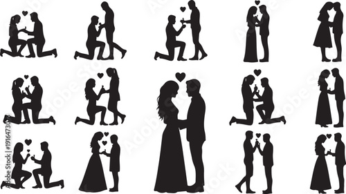 Romantic Silhouettes of Loving Couples in Various Intimate Poses Together