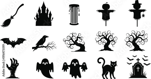 Halloween silhouettes collection spooky icons set including ghost bat castle scarecrow cat grave isolated black white clipart illustration bundle festive design