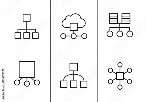 Collection of network diagrams and organizational charts featuring hierarchical structures cloud computing icons and database representations for business and technology