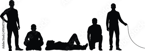 Male silhouette set in different poses, standing sitting kneeling lying walking figures isolated vector illustration collection