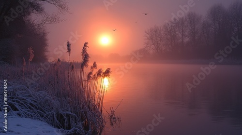 Wallpaper Mural A vibrant sunrise over a tranquil lake with frosted reeds and trees Torontodigital.ca