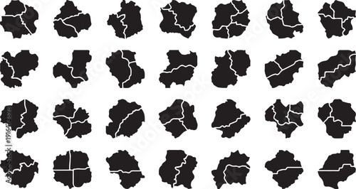 Collection of black abstract shapes with white lines on white