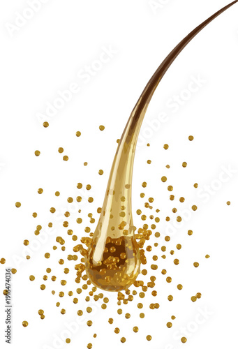 Isolated a realistic Hair Root Activation with Golden Serum Particles, 3D Hair Growth Concept vector art with white background..