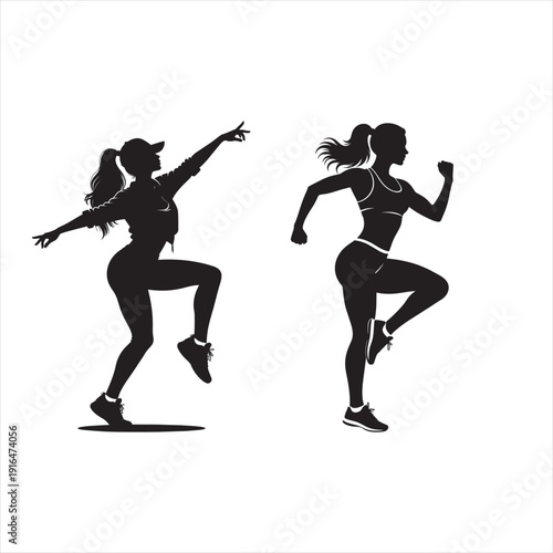 **Hip Hop Female Dancer and Fitness Zumba Woman Silhouette Vector, Urban Street Dance Posture and Dynamic Workout Movement, Solid Black Shape Isolated on White Background.
