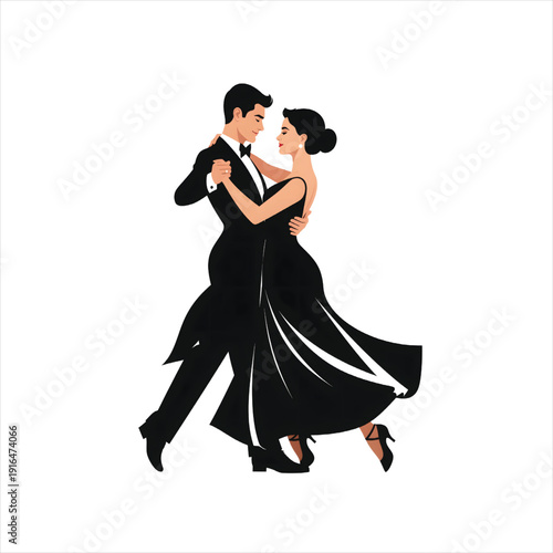 Elegant man and woman ballroom dancing silhouette vector icon, flowing dress movement, bold black flat design, isolated on white background