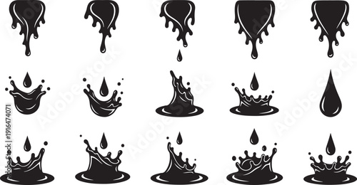 Black liquid splash and drip icons on white background