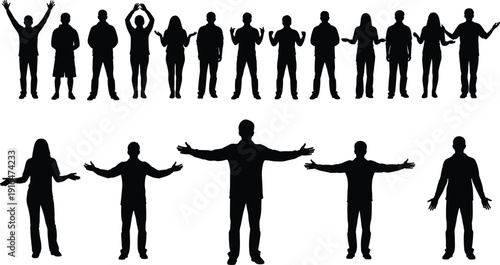 People silhouette set with open arms gestures, standing men and women isolated on white background vector illustration