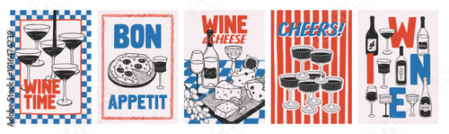 Hand drawn outline posters set of wine with lettering. Doodle sketch illustrations with bottles and glasses of wine, pizza, cheese. Vintage design for kitchen wall art, cafe menu, decoration, banner