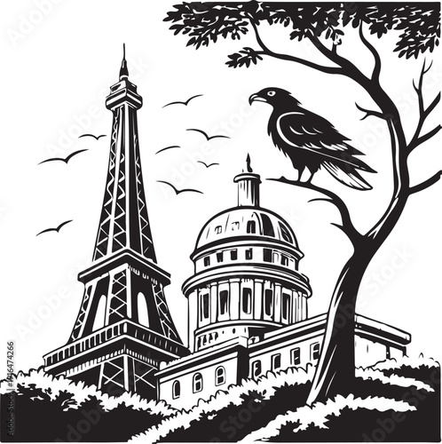 Elegant iconic symbols of France, including Eiffel Tower, Fleur-de-lis, French flag, Gallic rooster, cultural heritage, history, national pride, tourism