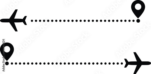 Airplane route with location pin icon showing flight path travel navigation concept