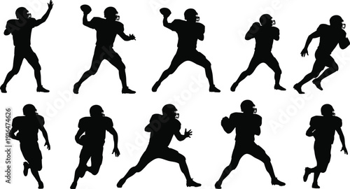 American football player silhouette set quarterback throwing running action sport vector illustration