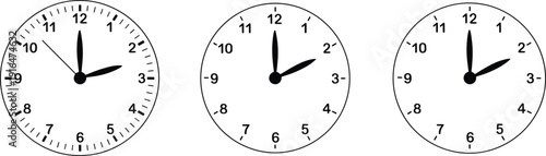 Analog wall clock set showing different times isolated on white background vector illustration