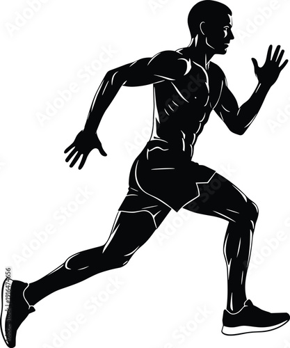 Athletic man running silhouette, muscular sprinter in motion vector illustration design