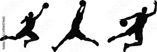 Basketball player silhouette collection performing slam dunk isolated on white background