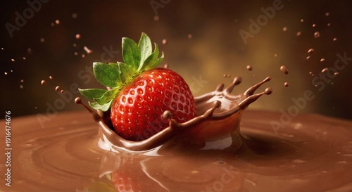 Fresh Red Strawberry Dropping into Melted Milk Chocolate Splash in Macro Dessert Advertisement