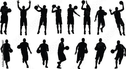 Basketball player silhouette set dribbling shooting jumping action sport vector illustration collection