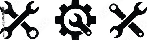 Black wrench and gear icons, mechanical tools symbols isolated on white background illustration