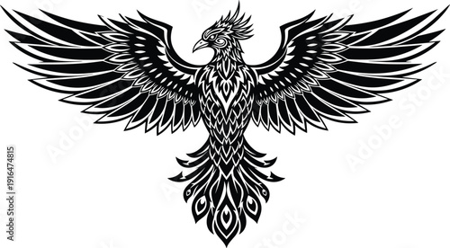 Black tribal phoenix bird with spread wings, detailed vector tattoo style illustration design