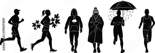 Seasonal running silhouettes, athletes jogging in different weather conditions rain autumn winter isolated on white background illustration set