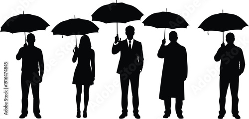 Business people silhouettes holding umbrellas, corporate protection concept representing insurance, security, risk management and safety