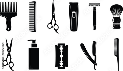 Black barber shop icons set with scissors hair clipper razor comb and shaving brush silhouettes isolated on white background for grooming salon design