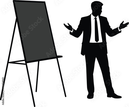 Businessman presenting at flip chart board, corporate meeting vector silhouette illustration
