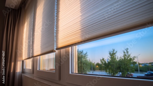 Modern pleated blinds on a window with warm sunlight shining through at sunset