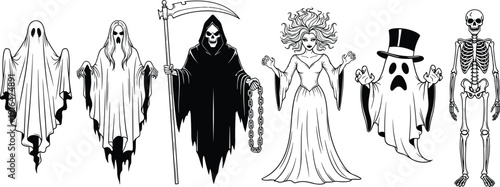 Spooky Halloween characters set, ghost grim reaper skeleton witch horror vector illustration isolated on white background collection