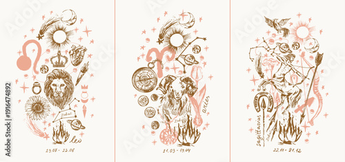 Hand drawn fire zodiac signs illustration set. Leo aries sagittarius. Horoscope background with astrology symbols and talismans.