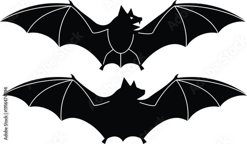 Black bat silhouettes set with open wings flying animal icons isolated on white background for halloween decoration scary vampire theme and spooky graphic design