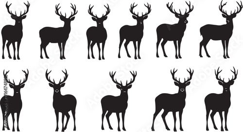 Set of black deer silhouettes on white background illustration