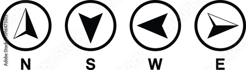 Compass direction icons set, north south east west navigation symbols for maps and interface design