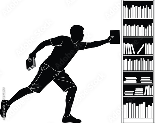 Student taking book from bookshelf, education learning concept silhouette isolated on white background vector illustration