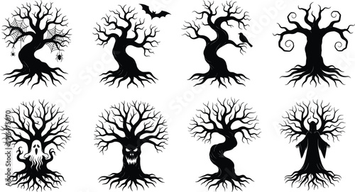 Spooky haunted tree silhouettes set, halloween horror fantasy illustration isolated on white background vector collection