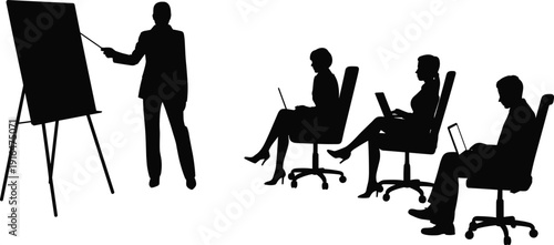 Corporate training presentation with team using laptops, business seminar silhouette illustration