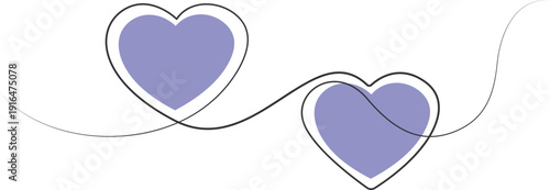 Two purple hearts connected by a continuous line art illustration symbolizing love connection and romantic relationships isolated on white