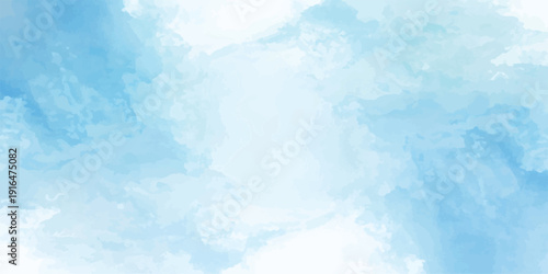 Abstract blue watercolor background with fluffy white clouds and bright sunlight creating a beautiful summer sky atmosphere.