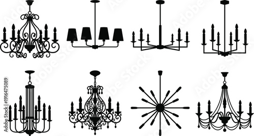 Black chandelier icons set with vintage luxury and modern lamp silhouettes hanging ceiling light fixtures isolated on white background for interior design graphic elements