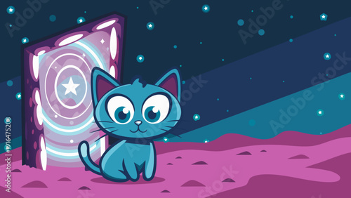 Curious blue cartoon cat beside magical glowing portal in space